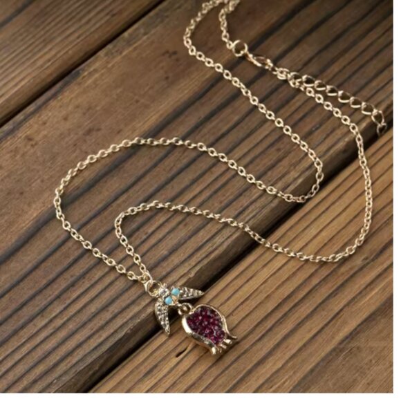 Jeweled Pomegranate Gold 925 Sterling Silver Fruit Unique Vintage Necklace - Picture 4 of 4